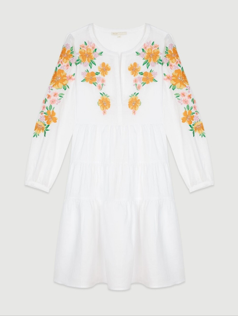 MAJE floral-embroidered long sleeve ramie dress - size 2